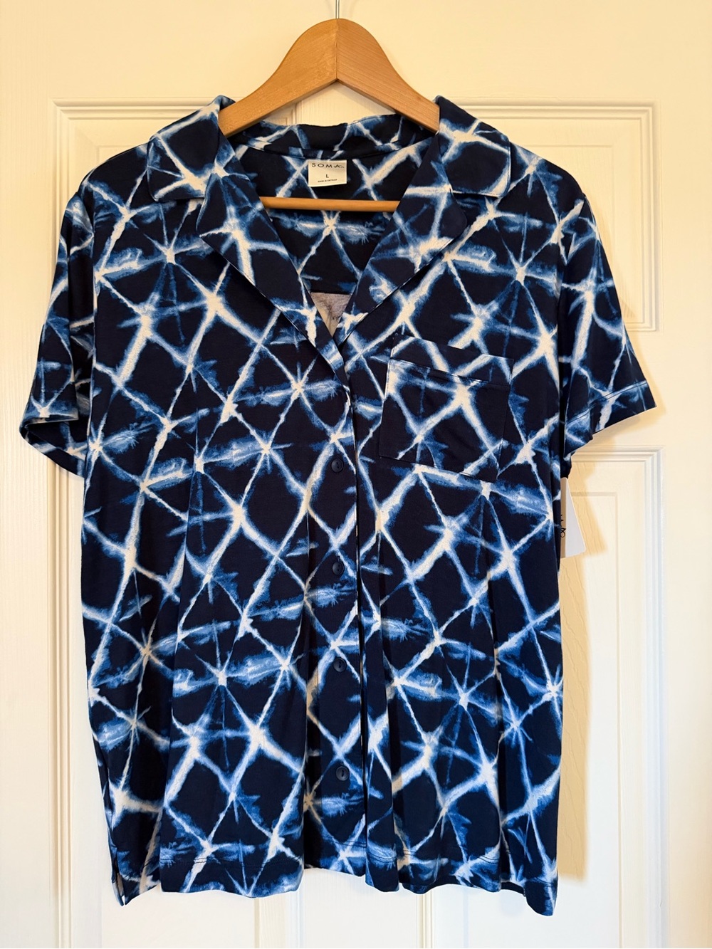 NWT Soma Cool Nights Blue Shibori Tie Dye Short Sleeve Notch Collar Pajama Top